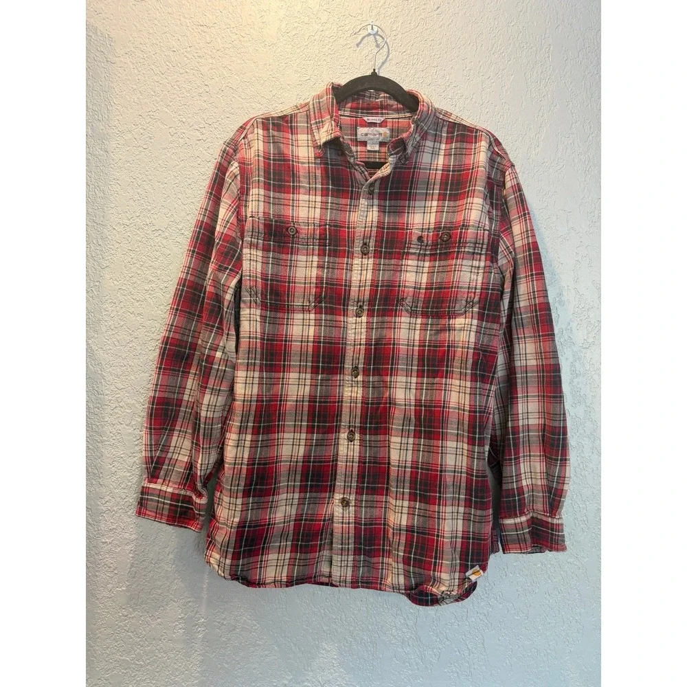 Carhartt Mens Relaxed Fit‎ Plaid Button Down Shirt Red White Black Long Sleeve L